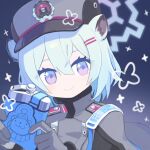  1girl animal_ears aqua_eyes black_headwear blue_archive capelet flask gloves grey_gloves grey_headwear grey_jacket hair_between_eyes hair_ornament hairclip halo hat highres hip_flask holding holding_flasp jacket long_sleeves looking_at_viewer multicolored_eyes shigure_(blue_archive) short_hair simple_background smile snowgun solo upper_body violet_eyes weasel_ears weasel_girl 