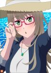 1girl adjusting_eyewear adjusting_glasses atelier_gons chestnut_mouth glasses long_hair necklace water