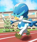  absurdres blue_eyes breath clouds commentary_request day grass highres jira_(ziraiya26) open_mouth outdoors pichu pokemon pokemon_(creature) quaxwell running scyther sky standing 