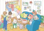  1boy 2girls armchair arms_up balloon belt blue_overalls blue_sweater blush bow_hairband box brown_belt brown_hair cake chair clock closed_mouth coffee_table couch cup espurr food gift gift_box hairband highres holding indoors looking_back milcery multiple_girls official_art overalls party photo_(object) pichu pikachu pink_hair piplup pizza pizza_box pokemon pokemon_(creature) ponytail ribbon rowlet scorbunny shorts sitting slippers smile standing sweater table thigh-highs white_thighhighs 