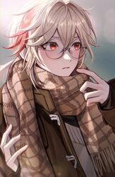  1boy alternate_costume backlighting bespectacled blush brown_coat brown_scarf coat commentary_request crossed_bangs duffel_coat eyelashes facing_viewer genshin_impact glasses grey_background hair_between_eyes hair_intakes hands_up highres kaedehara_kazuha lens_flare long_sleeves looking_away looking_to_the_side low_ponytail male_focus medium_hair multicolored_hair parted_lips plaid plaid_scarf pointing pointing_at_self ponytail pponnya red_eyes redhead round_eyewear scarf sidelocks solo streaked_hair sweater teeth upper_body white_hair white_sweater 