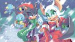  1boy 1girl absurdres chao_(sonic) christmas furry furry_female furry_male green_eyes green_scarf highres open_mouth outdoors rouge_the_bat scarf shadow_the_hedgehog snowing sonic_(series) teeth ziggyfin 