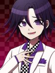  1boy :d black_hair breast_pocket checkered_background checkered_clothes checkered_scarf danganronpa_(series) danganronpa_10th_anniversary_costume danganronpa_v3:_killing_harmony hand_up highres jacket long_sleeves lower_teeth_only male_focus official_alternate_costume oma_kokichi open_clothes open_jacket pocket purple_hair purple_shirt red_background scarf shirt short_hair smile solo suiren_yurei teeth tongue violet_eyes white_jacket 