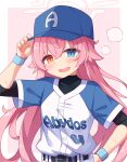  1girl alternate_costume baseball_cap baseball_uniform belt black_belt blue_archive blue_eyes blue_headwear blue_wristband blush commentary_request crossed_bangs fang hair_between_eyes halo hat heterochromia highres hoshino_(blue_archive) layered_sleeves long_hair open_mouth pink_hair pink_halo shinopoko shirt short_sleeves solo sportswear upper_body wide_sleeves wristband yellow_eyes 