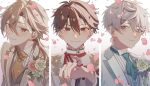  3boys absurdres achillea blonde_hair blue_eyes blush brown_eyes brown_hair closed_mouth ensemble_stars! falling_petals flower grey_hair hakaze_kaoru highres idol_clothes jewelry long_sleeves looking_at_viewer medium_hair morisawa_chiaki multiple_boys necktie petals pink_flower ring sena_izumi_(ensemble_stars!) short_hair smile white_flower 