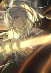  1boy absurdres armor blurry blurry_foreground bridal_gauntlets chinese_clothes closed_mouth commentary_request crossed_bangs depth_of_field electricity hair_ornament hair_over_one_eye hair_ribbon hand_up high_ponytail highres holding holding_weapon honkai:_star_rail honkai_(series) jing_yuan kamatoyu long_hair looking_at_viewer male_focus mandarin_collar mole mole_under_eye one_eye_covered parted_bangs ponytail red_ribbon ribbon shoulder_armor sidelocks solo swept_bangs tassel upper_body weapon white_hair yellow_eyes 