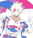  1boy absurdres alternate_eye_color belt bisexual_flag blonde_hair blue_eyes blush covered_abs eyepatch flag flagpole gloves gradient_eyes grin guilty_gear guilty_gear_xrd highres holding holding_flag jewelry looking_at_viewer male_focus multicolored_eyes necklace pectorals pink_eyes short_hair sin_kiske slippy_(734nyui) smile v variant_set white_gloves 