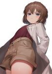  1girl blue_eyes brown_hair brown_shorts coat cowboy_shot female_child haibara_ai hands_in_pockets highres lab_coat looking_at_viewer meitantei_conan red_shirt ryota_(ry_o_ta) shirt shirt_tucked_in short_hair shorts simple_background solo white_background white_coat 