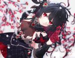  1girl black_dress black_hair bug butterfly closed_mouth colored_inner_hair dress flower gloves honkai_(series) honkai_impact_3rd kinou_no_kinoko long_hair multicolored_hair official_alternate_costume official_alternate_hair_length official_alternate_hairstyle red_butterfly red_eyes red_flower red_gloves redhead seele_(alter_ego) seele_vollerei seele_vollerei_(starchasm_nyx) smile white_background 