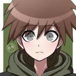  1boy border brown_hair brown_hoodie danganronpa:_trigger_happy_havoc danganronpa_(series) frown green_background grey_eyes highres hood hood_down hoodie male_focus naegi_makoto portrait short_hair solo suiren_yurei white_border 