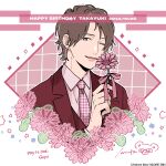  1boy artist_name bow bowtie brown_eyes brown_hair collared_shirt commentary_request cool_doji_danshi dated diamond_(shape) flower flower_request happy_birthday highres holding holding_flower lapels long_sleeves male_focus mima_takayuki nata_kokone necktie notched_lapels one_eye_closed open_mouth shirt short_hair signature solo 