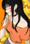  1girl absurdres black_choker black_hair bracelet chainsaw_man choker cross_scar earrings flower frilled_shirt frills highres jewelry long_hair looking_at_viewer multiple_rings off-shoulder_shirt off_shoulder orange_background orange_shirt parted_lips red_eyes ring ringed_eyes sailen0 scar scar_on_cheek scar_on_face shirt sideways_glance simple_background solo yellow_flower yoru_(chainsaw_man) 
