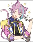  1boy absurdres animal_ears black_vest blue_hair blue_shirt cat_boy cat_ears cat_tail closed_eyes coat collared_shirt fangs flower gloves happy highres hoshi-toge kamishiro_rui kemonomimi_mode long_sleeves looking_at_viewer multicolored_hair open_mouth project_sekai purple_coat purple_hair shirt simple_background smile solo streaked_hair tail upper_body vest white_background white_gloves wing_collar 
