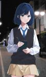  1girl absurdres artist_name black_sweater_vest black_vest blue_eyes blue_hair blue_necktie blurry blurry_background highres holding holding_notepad holding_pen kurokawa_akane luene necktie night notepad oshi_no_ko outdoors pen pleated_skirt school_uniform shirt short_hair skirt solo sweater_vest vest white_shirt 