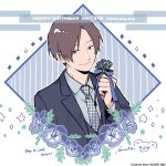  1boy artist_name bow bowtie brown_eyes brown_hair closed_mouth collared_shirt cool_doji_danshi dated diamond_(shape) flower flower_request formal happy_birthday highres holding holding_flower ichikura_hayate lapels long_sleeves male_focus nata_kokone necktie notched_lapels ribbon shirt short_hair signature solo striped upper_body vertical_stripes 