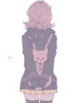  1girl animal_bag backpack bag black_jacket brown_hair brown_skirt cat_bag cowboy_shot danganronpa_(series) danganronpa_2:_goodbye_despair facing_away from_behind hood hood_down hooded_jacket jacket long_sleeves medium_hair messy_hair multicolored_hair nanami_chiaki own_hands_together pink_bag pleated_skirt ru-pe_(gstm_0915) simple_background skirt solo two-tone_hair white_background zettai_ryouiki 