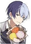  1boy absurdres aoyagi_touya blue_hair blue_jacket bouquet flower grey_eyes highres holding holding_bouquet hoshi-toge jacket looking_at_viewer male_focus mole mole_under_eye multicolored_hair orange_flower parted_lips project_sekai smile solo split-color_hair upper_body white_flower wing_collar yellow_flower 
