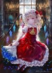  1girl absurdres backlighting blonde_hair candle commentary_request crystal flandre_scarlet full_body highres indoors looking_at_viewer medium_hair red_skirt red_vest reflective_floor sitting skirt skirt_set solo suzushina touhou vest window wings yokozuwari 