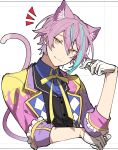  1boy absurdres animal_ears black_vest blue_hair blue_shirt cat_boy cat_ears cat_tail closed_mouth coat collared_shirt gloves highres hoshi-toge kamishiro_rui kemonomimi_mode long_sleeves looking_at_viewer multicolored_hair notice_lines project_sekai purple_coat purple_hair shirt simple_background smile solo streaked_hair tail upper_body vest white_background white_gloves wing_collar yellow_eyes 