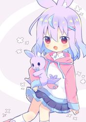  1girl 1other 2021 animal_ear_fluff hair_ornament hands hyogayome hyogayome_(artist) indie_virtual_youtuber japanese_commentary kangaroo kangaroo_ears looking_at_viewer pale-skinned_female pale_skin purple_fur purple_hair short_hair skirt socks white_socks 
