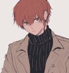  1boy black_shirt blue_lock brown_jacket closed_mouth commentary_request grey_background highres jacket kurona_ranze looking_at_viewer mageuchi5486 male_focus red_eyes redhead shirt short_hair simple_background sketch solo turtleneck upper_body 
