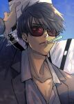  1boy arm_up black_hair black_jacket blue_background collarbone collared_shirt cross grey_shirt highres jacket looking_at_viewer male_focus mizuki7810 mouth_hold nicholas_d._wolfwood open_mouth partially_unbuttoned shirt short_hair solo sunglasses trigun trigun_stampede tsurime upper_body vial 