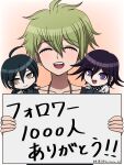  3boys :d ahoge amami_rantaro black_hair brown_eyes checkered_clothes checkered_scarf chibi chibi_inset closed_eyes danganronpa_(series) danganronpa_v3:_killing_harmony facing_viewer flipped_hair gradient_background hair_between_eyes highres holding holding_sign jewelry looking_at_viewer multiple_boys necklace oma_kokichi saihara_shuichi scarf short_hair sign smile suiren_yurei teeth translation_request upper_teeth_only violet_eyes 