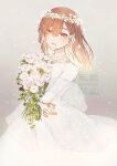  1girl bouquet cowboy_shot dress earrings flower_wreath highres holding holding_bouquet jewelry kame_(unaikodori) long_sleeves looking_at_viewer mole mole_under_mouth open_mouth red_eyes redhead smile solo standing tachibana_hinata_(tokyo_revengers) tokyo_revengers wedding_dress white_background white_dress 