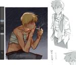  1boy blonde_hair chest_sarashi chinese_text cigarette closed_mouth commentary english_commentary fire hands_in_pockets highres holding holding_cigarette holding_lighter lighter male_focus mob_psycho_100 mp100days pants procreate_(medium) procreate_(software) reigen_arataka sarashi short_hair sitting sketch smoking translation_request 