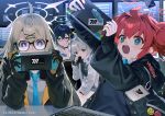  4girls :d ahoge black_gloves black_hair black_jacket blonde_hair blue_archive blue_eyes blush can chihiro_(blue_archive) collared_shirt drinking glasses gloves green_eyes grey_hair hair_between_eyes hair_ornament hairclip halo hand_on_own_cheek hand_on_own_face handheld_game_console hare_(blue_archive) head_rest hiiragi_akio holding hood hood_down hooded_jacket id_card indoors jacket kotama_(blue_archive) long_hair long_sleeves looking_at_viewer maki_(blue_archive) monitor multiple_girls nintendo_switch official_art open_clothes open_jacket open_mouth playing_games redhead shirt short_hair sitting smile soda_can sweatdrop video_game violet_eyes white_shirt 