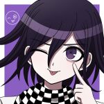  1boy :p ;p black_hair border checkered_clothes checkered_scarf closed_mouth danganronpa_(series) danganronpa_v3:_killing_harmony hair_between_eyes highres index_finger_raised kabedon looking_at_viewer male_focus oma_kokichi one_eye_closed portrait purple_background scarf solo suiren_yurei tongue tongue_out violet_eyes white_border 