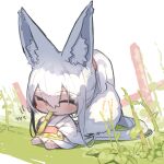  1girl absurdly_long_hair animal_ear_fluff animal_ears barefoot blush chibi closed_eyes closed_mouth commentary_request eating fox_ears fox_girl fox_tail full_body grey_hair hair_between_eyes highres holding japanese_clothes kimono long_hair obi original ponytail sash sidelocks simple_background sitting soles solo tail very_long_hair white_background white_kimono yuuji_(yukimimi) 