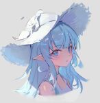  1girl :o blue_eyes blue_hair choker cropped_torso dress granblue_fantasy grey_background hat highres lily_(granblue_fantasy) long_hair looking_at_viewer looking_to_the_side pointy_ears sidelocks sketch sleeveless sleeveless_dress solo sun_hat upper_body wang_man white_dress white_headwear 