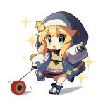 1girl androgyne_symbol black_gloves blonde_hair blush bridget_(guilty_gear) chibi cuffs female_focus fingerless_gloves gloves green_eyes guilty_gear guilty_gear_strive habit handcuffs highres hood hood_up hooded_jacket hoodie itsuka_neru jacket long_sleeves looking_at_viewer medium_hair open_clothes open_hoodie open_mouth puffy_long_sleeves puffy_sleeves smile standing standing_on_one_leg yo-yo