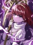  1girl aura crying crying_with_eyes_open dark_aura dress fire_emblem fire_emblem:_mystery_of_the_emblem fire_emblem_heroes hairband highres holding holding_staff leon0630claude long_sleeves maria_(fallen)_(fire_emblem) maria_(fire_emblem) mind_control redhead short_hair solo staff tears upper_body white_dress 
