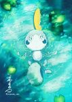  afloat bright_pupils closed_mouth commentary_request day expressionless from_above green_eyes highres lily_pad no_humans outdoors pokemon pokemon_(creature) sobble solo twitter_username uyumaru_art water watermark 