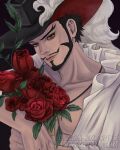  1boy absurdres black_hair black_headwear bouquet clip_studio_paint_(medium) commission doshiart dracule_mihawk facial_hair flower forked_eyebrows frilled_shirt frills goatee hat_feather highres holding holding_bouquet light_smile looking_at_viewer male_focus muscular muscular_male mustache one_piece open_clothes orange_eyes red_flower red_rose rose shirt short_hair sideburns upper_body white_shirt 