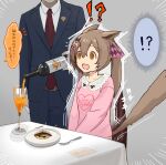  !? 1boy 1girl @_@ belt birthday blue_jacket blue_pants bottle bow breasts brown_hair chair collared_shirt emphasis_lines food fork frilled_shirt_collar frills grey_background hair_bow highres jacket kogomiza long_hair long_sleeves necktie notice_lines open_mouth pants pink_shirt plate red_necktie shirt sitting small_breasts smart_falcon_(umamusume) solo_focus speech_bubble stiff_tail sweat sweating_profusely table translation_request trembling twintails umamusume v_arms wavy_mouth yellow_eyes 