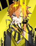  1boy black_jacket blonde_hair cup green_eyes highres holding holding_cup hoshi-toge jacket long_sleeves looking_at_viewer male_focus multicolored_hair orange_hair project_sekai scarf shinonome_akito shirt solo streaked_hair striped striped_scarf traffic_jam_(vocaloid) upper_body yellow_nails yellow_shirt 