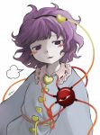  1girl absurdres blush_stickers commentary hayakumo_(okura_oishiiii) heart highres komeiji_satori long_sleeves looking_at_viewer messy_hair parted_lips purple_hair short_hair sigh signature simple_background smug solo symbol-only_commentary third_eye touhou upper_body violet_eyes white_background zun_(style) 