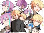  2boys absurdres animal_ear_fluff animal_ears black_sweater blonde_hair blue_hair blue_shirt blush cardigan collared_shirt crying gakuran grey_cardigan highres hoshi-toge jacket kamishiro_rui kamiyama_high_school_uniform_(project_sekai) long_sleeves looking_at_viewer multicolored_hair multiple_boys multiple_views necktie one_eye_closed open_mouth project_sekai purple_hair school_uniform shirt sparkle streaked_hair striped_necktie sweater tenma_tsukasa turtleneck turtleneck_sweater white_background white_jacket wolf_ears yellow_eyes 