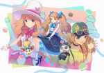  1girl :d absurdres aqua_eyes black_footwear black_skirt blonde_hair blue_bow blue_bowtie blue_ribbon bow bowtie bracelet buttons commentary_request fennekin food frills hair_ribbon hand_up hat highres jewelry long_hair macaron multiple_views open_mouth pancham pink_bow pink_bowtie podayo_po pokemon pokemon_(anime) pokemon_(creature) pokemon_xy_(anime) ribbon serena_(pokemon) shirt shoes short_sleeves skirt smile socks spread_fingers sunglasses t-shirt twintails white_headwear yellow_shirt 
