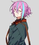 1boy absurdres black_shirt blue_coat blue_hair brown_bag closed_mouth coat highres hoshi-toge kamishiro_rui long_sleeves looking_at_viewer male_focus necktie one_side_up project_sekai purple_hair red_necktie shirt smile solo upper_body yellow_eyes zozotown 