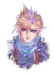  1boy armor artist_name black_gloves blonde_hair blue_eyes blue_shirt closed_mouth cloud_strife commentary crisis_core_final_fantasy_vii cropped_torso english_commentary final_fantasy final_fantasy_vii gloves green_scarf highres ilabarattolo lips looking_to_the_side male_focus scarf shinra_infantry_uniform shirt short_hair shoulder_armor smile solo spiky_hair suspenders upper_body watermark white_background 