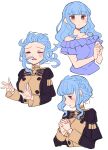  1girl alternate_costume alternate_hairstyle bags_under_eyes bare_shoulders blue_hair blush braid brown_eyes buttons collarbone cropped_torso crown_braid do_m_kaeru dress fire_emblem fire_emblem:_three_houses garreg_mach_monastery_uniform long_hair long_sleeves marianne_von_edmund own_hands_together purple_dress short_hair sidelocks simple_background sleeveless sleeveless_dress sweatdrop wavy_hair white_background 