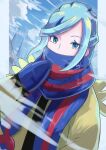  1boy aqua_eyes blue_mittens blue_scarf clouds commentary_request day dusk_poke27 eyelashes green_hair grusha_(pokemon) hand_up highres jacket long_sleeves male_focus outdoors pokemon pokemon_(game) pokemon_sv scarf scarf_over_mouth signature sky solo striped striped_scarf upper_body yellow_jacket 