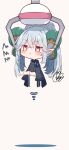  1girl :i beni_shake black_dress blue_scarf blush chibi closed_mouth commentary_request crane_game dress fate/grand_order fate_(series) grey_background grey_hair hair_between_eyes highres horns larva_tiamat_(fate) long_hair long_sleeves motion_lines pout red_eyes scarf shadow signature simple_background sleeves_past_fingers sleeves_past_wrists solo squiggle symbol-shaped_pupils tiamat_(fate) twintails very_long_hair 