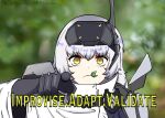  armor closed_mouth coat goddess_of_victory:_nikke highres leaf meme piledoraiba pointing pointing_at_viewer shoulder_armor snow_white_(nikke) visor_(armor) white_coat white_hair yellow_eyes 