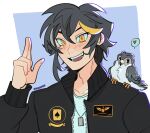  ace_of_spades ace_windhover bird black_hair bomber_jacket dog_tags falcon feathers finger_gun highres indie_virtual_youtuber jacket male_focus military non-web_source nugget_(ace_windhover) pet spade_(shape) tess_(tjmdoodles) virtual_youtuber yellow_eyes 