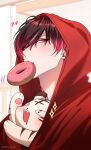  +_+ 1boy :d artist_name black_hair blurry blurry_background blush commentary doughnut drooling english_commentary fangs food food_in_mouth gradient_hair hair_between_eyes highres hood hood_up hoodie indoors looking_at_viewer male_focus mouth_drool mouth_hold multicolored_hair nijisanji nijisanji_en open_mouth red_eyes red_hoodie redhead short_hair sidelocks smile solo sparkle streaked_hair swept_bangs tsurime twitter_username upper_body ver_vermillion villion_(ver_vermillion) virtual_youtuber yoy_(0yyoyy0) 